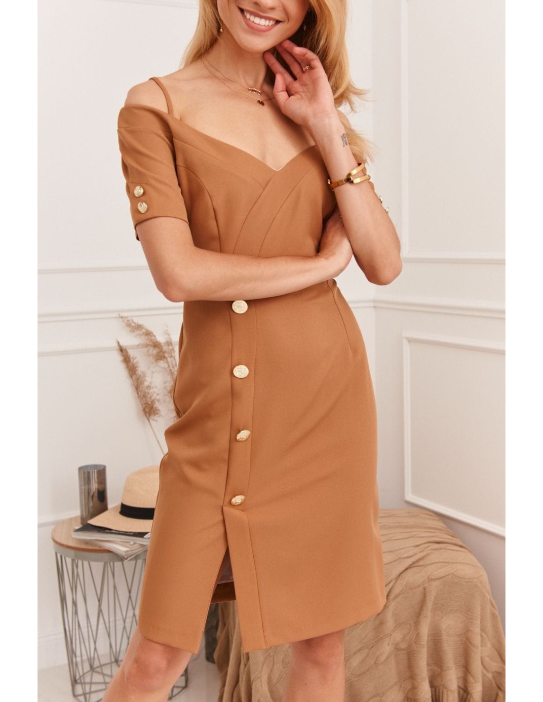 Rochie eleganta cu decolteu carmen, caramel 0484 - Magazin online - Boutique